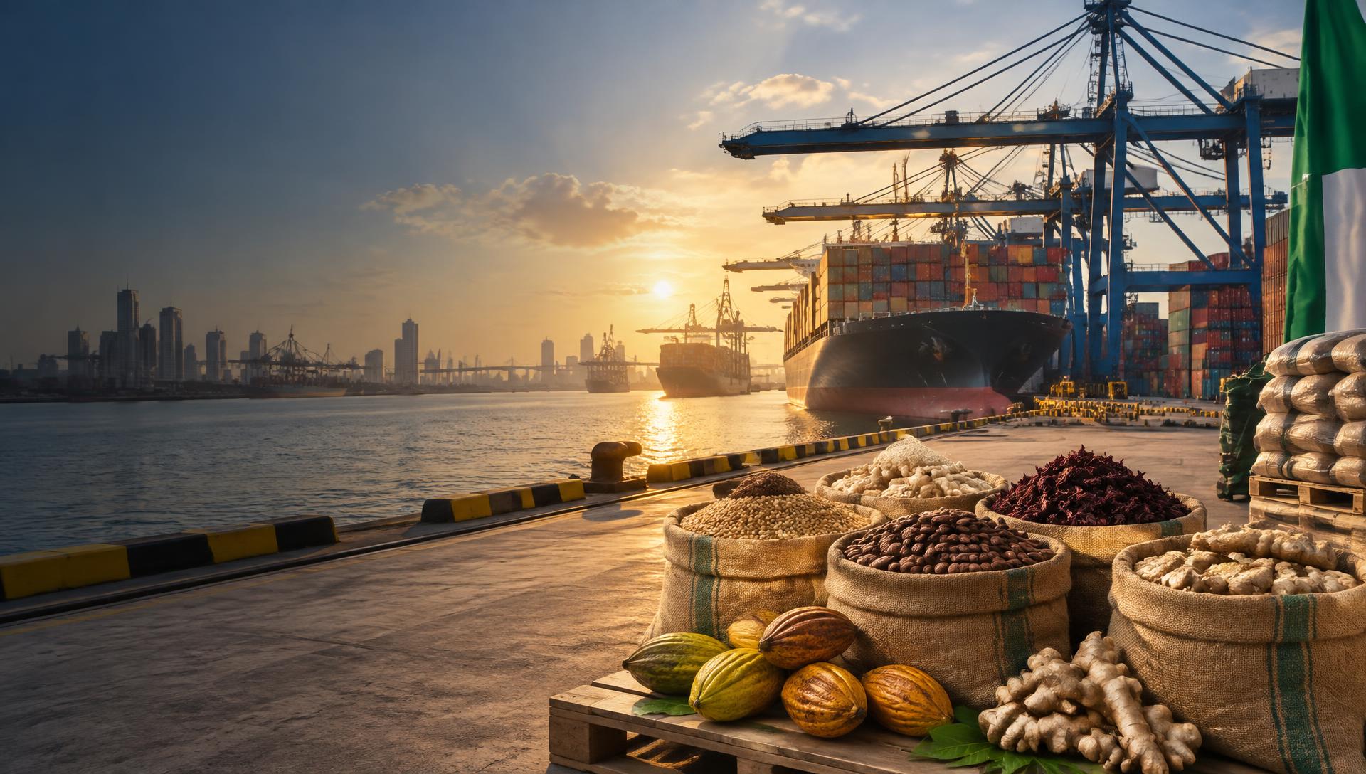 Nigerian commodities prepared beside an international cargo port