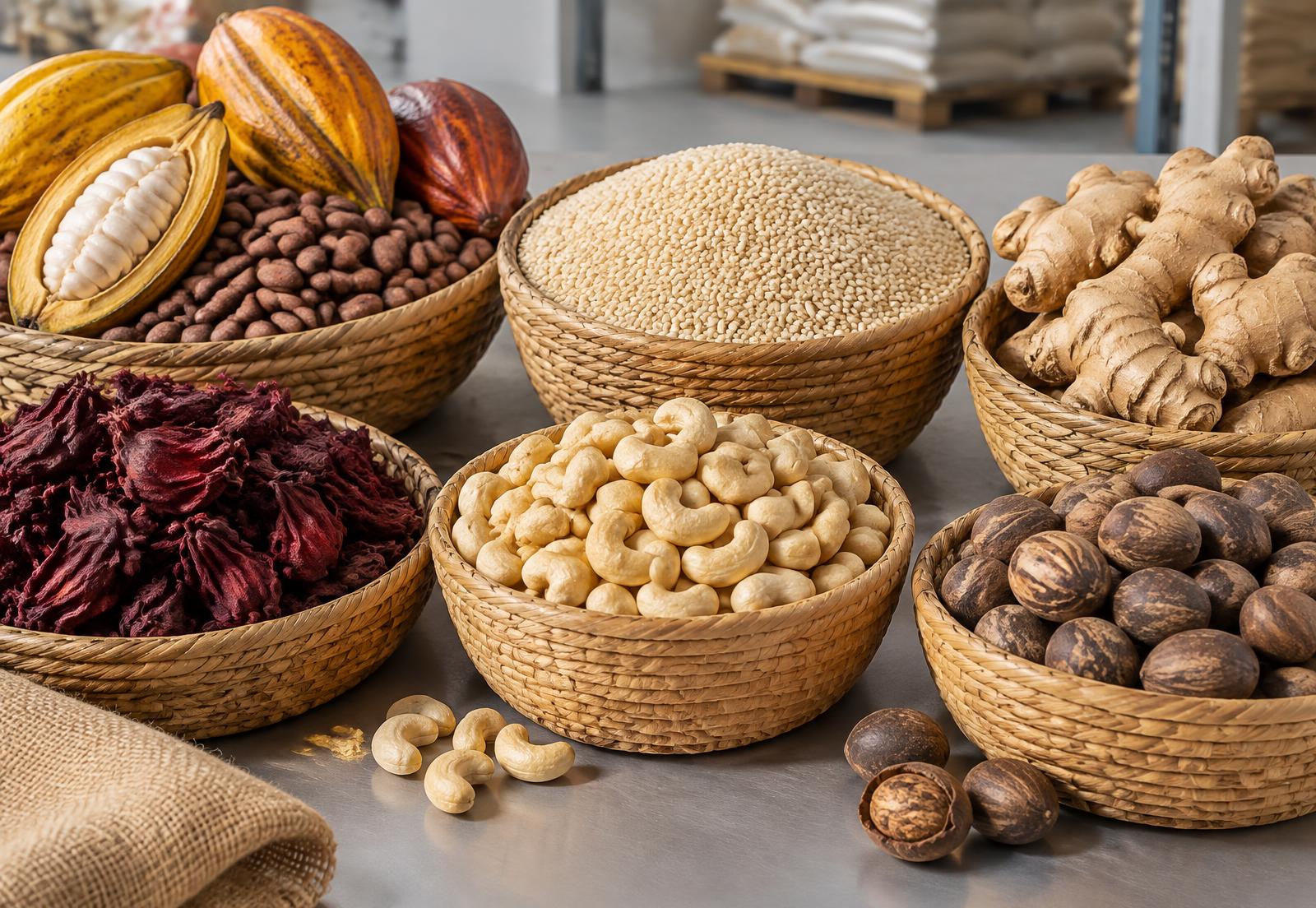 A selection of Nigerian cocoa, sesame, ginger, hibiscus, cashew and shea products
